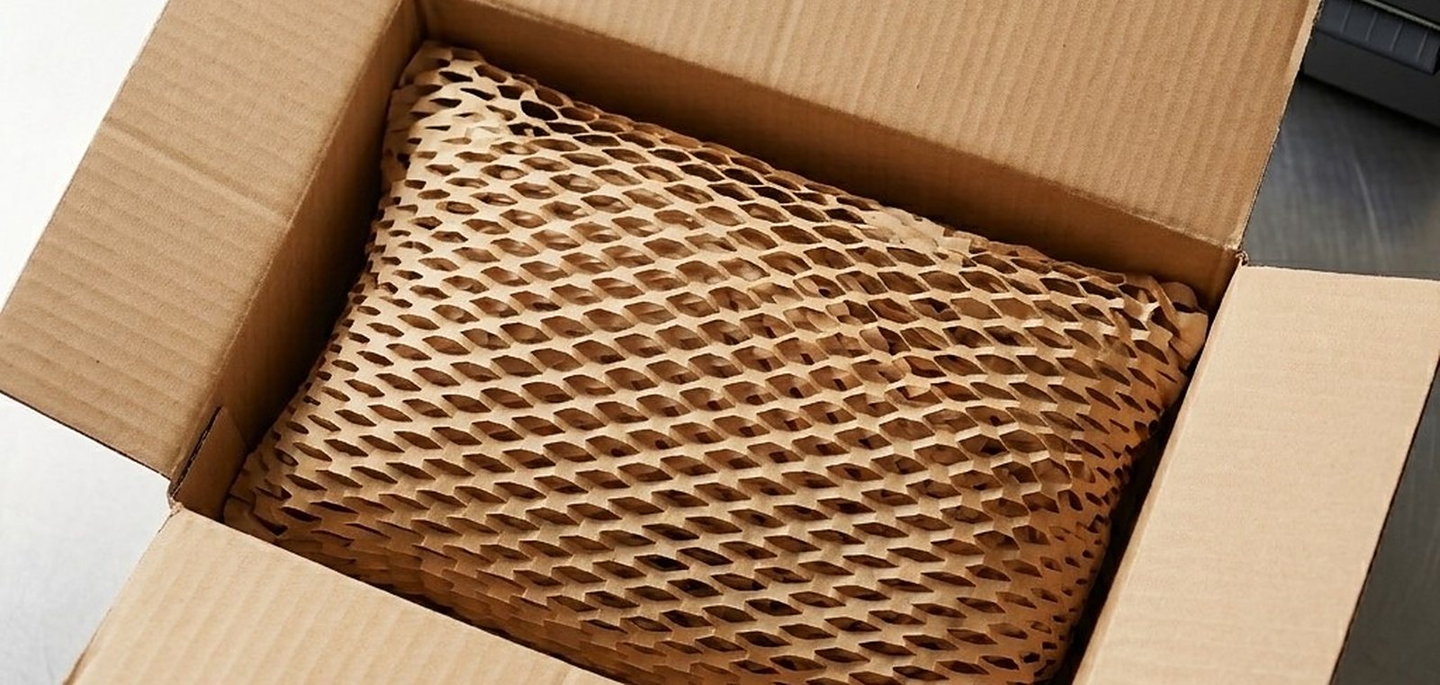 Caja de envío abierta en una mesa de empaquetado, con el producto envuelto en papel nido de abeja kraft